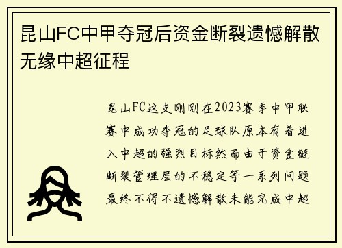昆山FC中甲夺冠后资金断裂遗憾解散无缘中超征程